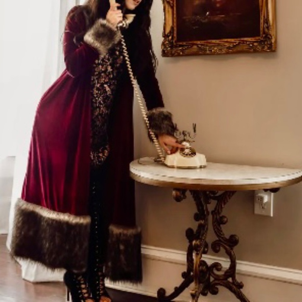 Jennafer Grace Burgundy Velvet Faux Fur Cuff Coat